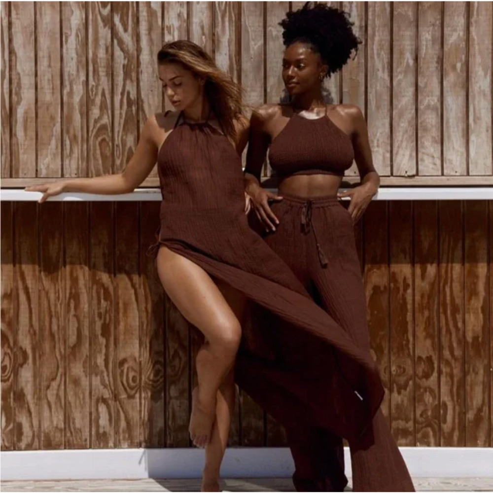 Monday Swimwear | Maldives High Neck Open Back Brown Linen Midi Cover Up Dress